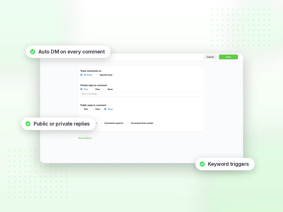 Botosynthesis comment automation settings: private and public auto-replies to Instagram and Facebook comments